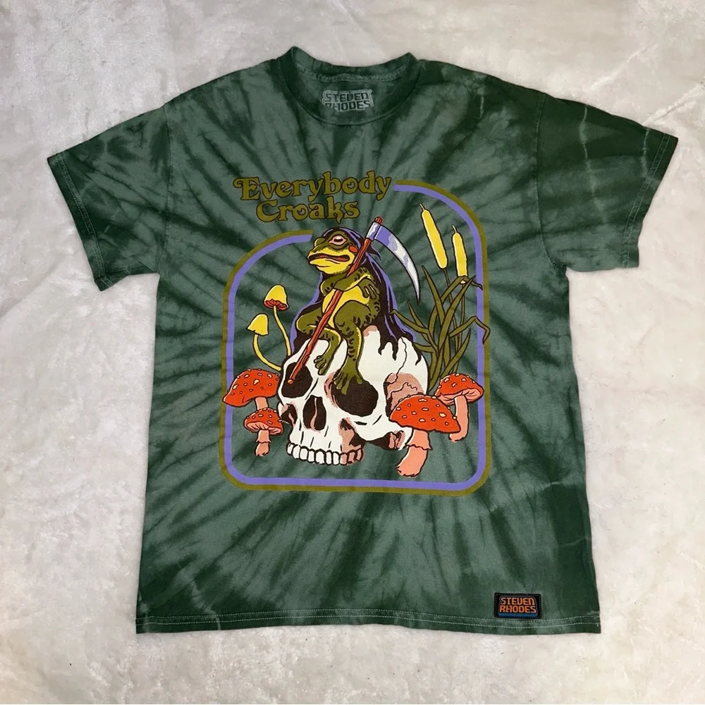 Steven Rhodes Green Tie-Dye "Everybody Croaks" Frog Skull T-Shirt Size Small - Picture 5 of 10